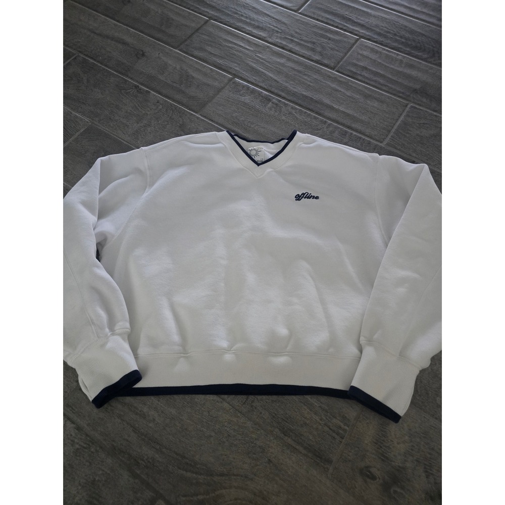 OFFLINE Aerie Cloud Fleece Womens Large White Navy V-Neck Sweatshirt Thumbholes